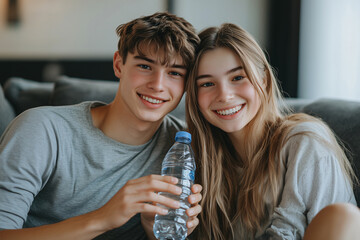 Wall Mural - Young caucasian couple at indoors holding a bottle of water