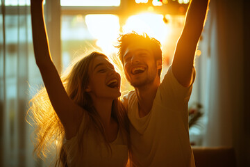 Wall Mural - Young romantic caucasian couple at indoors