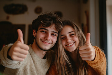 Wall Mural - Young caucasian couple at indoors with thumb up