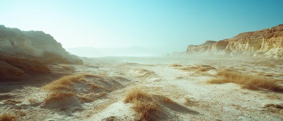 Wall Mural - A vast, sunlit desert landscape unfolds under a clear blue sky, with sandy dunes and sparse vegetation adding depth to the tranquil scenery.