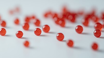 Poster - Close-Up View of Numerous Vibrant Red Gel Beads Scattered on a Light Surface, Emphasizing Their Glossy Texture and Shape for Background or Decorative Use