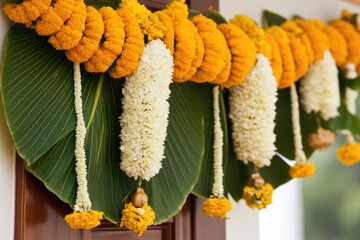 Vibrant Ugadi Toran Made of Mango Leaves and Marigolds for Traditional Festival Decoration