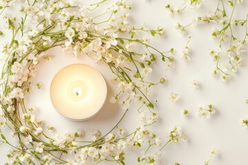 Wall Mural - Glowing Candle Surrounded by Blooming Flowers and Green Twigs on a Smooth White Surface for a Calming Atmosphere