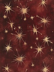 Poster - Abstract golden starbursts pattern on deep red textured background creating a festive feel