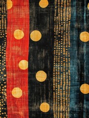 Poster - Abstract textile design with large dots and vertical stripes in warm and cool tones