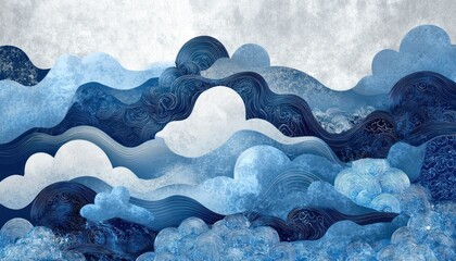 Poster - Abstract Waves and Clouds Pattern in Shades of Blue and White with Silver Accents