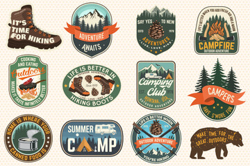 Wall Mural - set of summer camp and hiking patches, badges. vector. concept for shirt or logo, print, stamp, patc