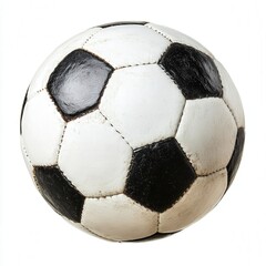 A distinct black and white soccer ball placed on a bright white background