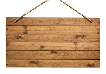 a rustic wooden signboard made of horizontal planks suspended by thick natural looking rope