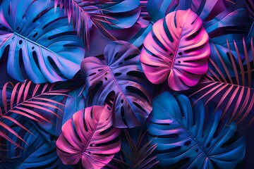 Wall Mural - Pink and blue tropical leaves against a black background