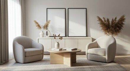 A bright and cozy modern living room featuring two elegant armchairs with soft curves one in gray and the other in light beige