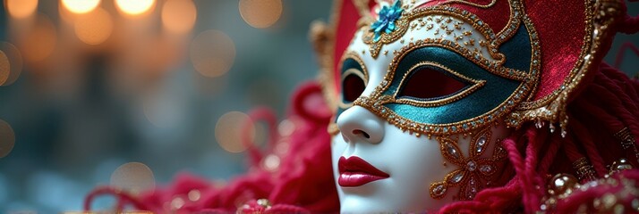 Wall Mural - Ornate red and gold venetian mask with intricate details and jewels