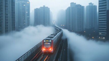 Poster - commuter train emerging from a cloud of air thick with PM2.5 dust in a dense urban area.