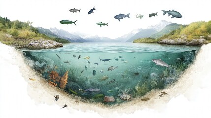 Poster - conceptual diagram explaining the sources and pathways of microplastic pollution in rivers and oceans