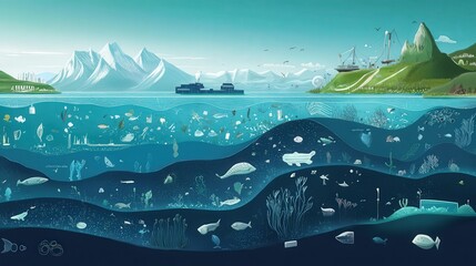 Poster - conceptual diagram explaining the sources and pathways of microplastic pollution in rivers and oceans