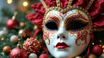 Wall Mural - Elegant venetian mask with red and gold ornaments surrounded by christmas decorations