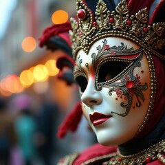 Wall Mural - Intricate venetian mask with ornate details and red accents