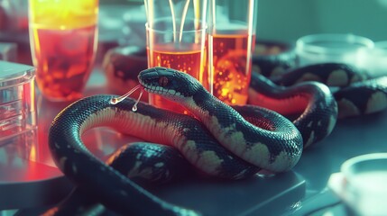 Poster - snake venom being processed in a laboratory environment, showing how it is turned into a pharmaceuti