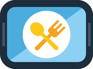 Poster - online food delivery app is showing fork and spoon icon on smartphone screen representing online foo