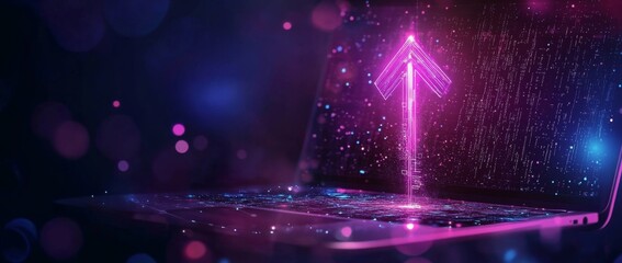 Fototapete - Digital hologram of an arrow-up icon on a laptop screen showcasing futuristic AI technology concepts and data visualization