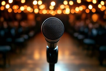 Wall Mural - microphone with bokeh light background stand up comedy show karaoke or singing contest background for poster design open mic and jokes show