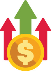 Poster - Gold dollar coin increasing in value with three upward arrows symbolizing growth