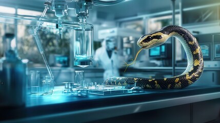 Poster - snake venom is extracted in a laboratory, focusing on the extraction process for medicinal use.