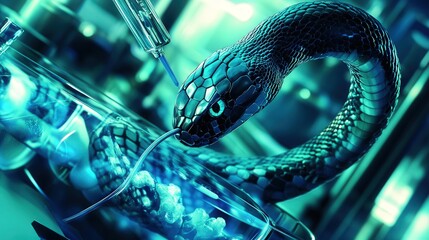 Poster - snake venom is extracted in a laboratory, focusing on the extraction process for medicinal use.