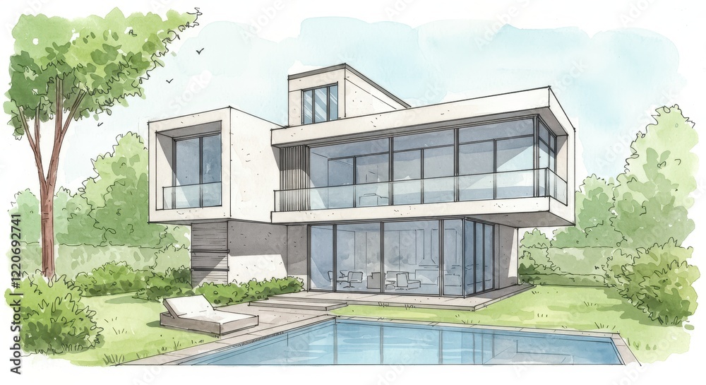 A hand drawn architectural sketch of a modern two story house featuring ...