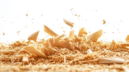 Poster - Wood Shavings and Wood Chips in Motion, Capturing the Beauty of Natural Material with Soft Lighting and a Subtle Background for Craft and Design Inspiration