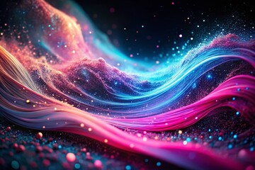 Poster - Dynamic Abstract Art: Vibrant Pink & Blue Particle Wave on Dark Background - Drone Photography