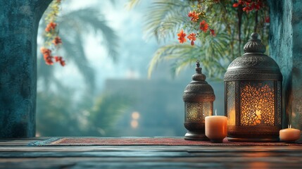 Wall Mural - A Serene Evening Scene with Ornate Lanterns and Warm Candlelight in a Tropical Setting