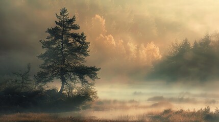 Wall Mural - The morning mist gently embraces the tranquil lake and its surroundings, casting a serene and mystical atmosphere.