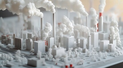 Poster - scientific model displaying the sources of PM 2.5 dust particles, including factories, vehicles, and wildfires.