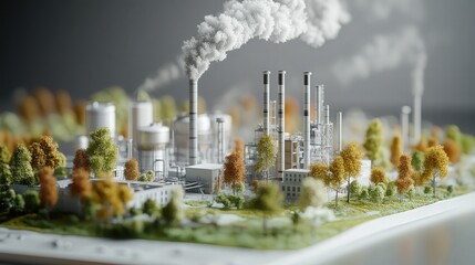 Poster - scientific model displaying the sources of PM 2.5 dust particles, including factories, vehicles, and wildfires.