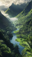 Poster - Winding river flows through lush green valley surrounded by towering mountains and misty clouds in vibrant landscape