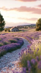 Poster - Winding path through lavender fields leading to a rustic cottage at sunset in a serene landscape