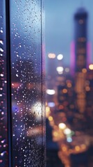 Poster - Close-up of a raindrop on a glass surface reflecting vibrant city lights in the evening