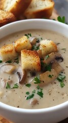 Poster - Close-up view of a creamy mushroom soup topped with croutons and fresh herbs beside toasted bread slices
