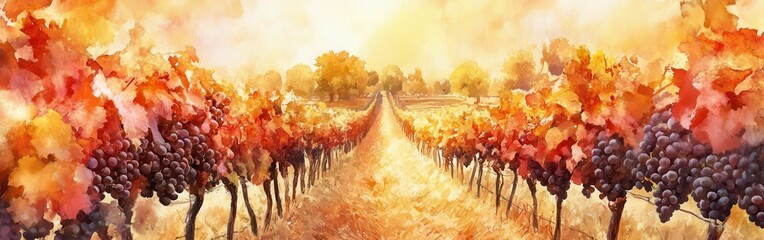Poster - Vibrant vineyard landscape at sunset with lush grapevines and autumn leaves showcasing nature's beauty