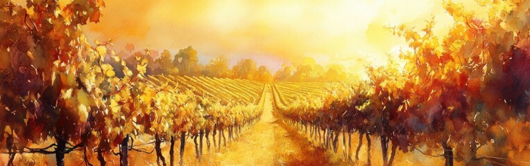 Poster - Vibrant autumn vineyard landscape with golden hues and a serene sky at sunset