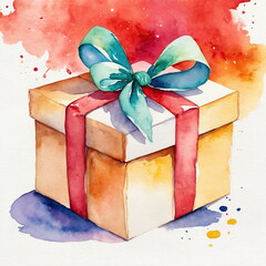 Wall Mural - Delicate watercolor painting of a gift box adorned with a bow resting against a vibrant splash of color