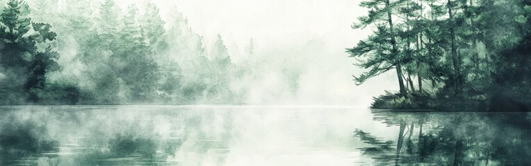 Aufkleber - Watercolor landscape featuring a serene lake surrounded by misty trees in early morning light