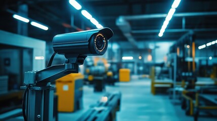 Poster - A high-tech surveillance camera mounted on a steel frame in a factory setting.