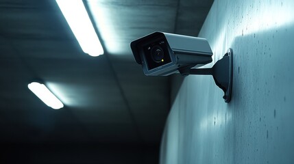 Poster - A high-tech surveillance camera mounted on a steel frame in a factory setting.