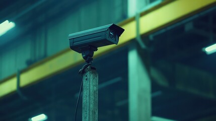 Poster - A high-tech surveillance camera mounted on a steel frame in a factory setting.