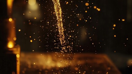 Wall Mural - slow-motion view of liquid particles dripping from a faucet, catching light as they fall.