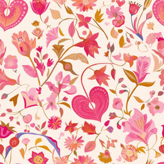 Wall Mural - Floral Heart Pattern: A vibrant and romantic seamless pattern featuring a profusion of stylized flowers and hearts in shades of pink, orange, and gold against a cream background. Seamless pattern