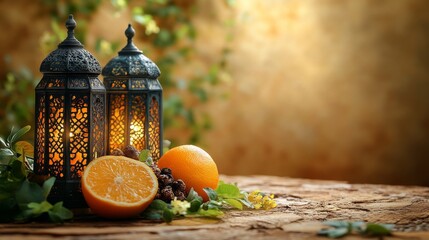 Wall Mural - Warm Glow of Lanterns and Citrus Fruits on Rustic Wooden Surface with Natural Background