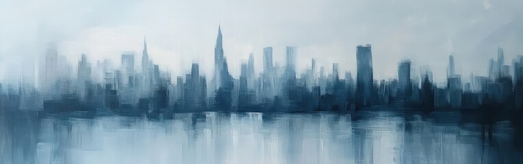 Poster - soft abstract silhouette of a distant city skyline reflecting in calm waters at twilight